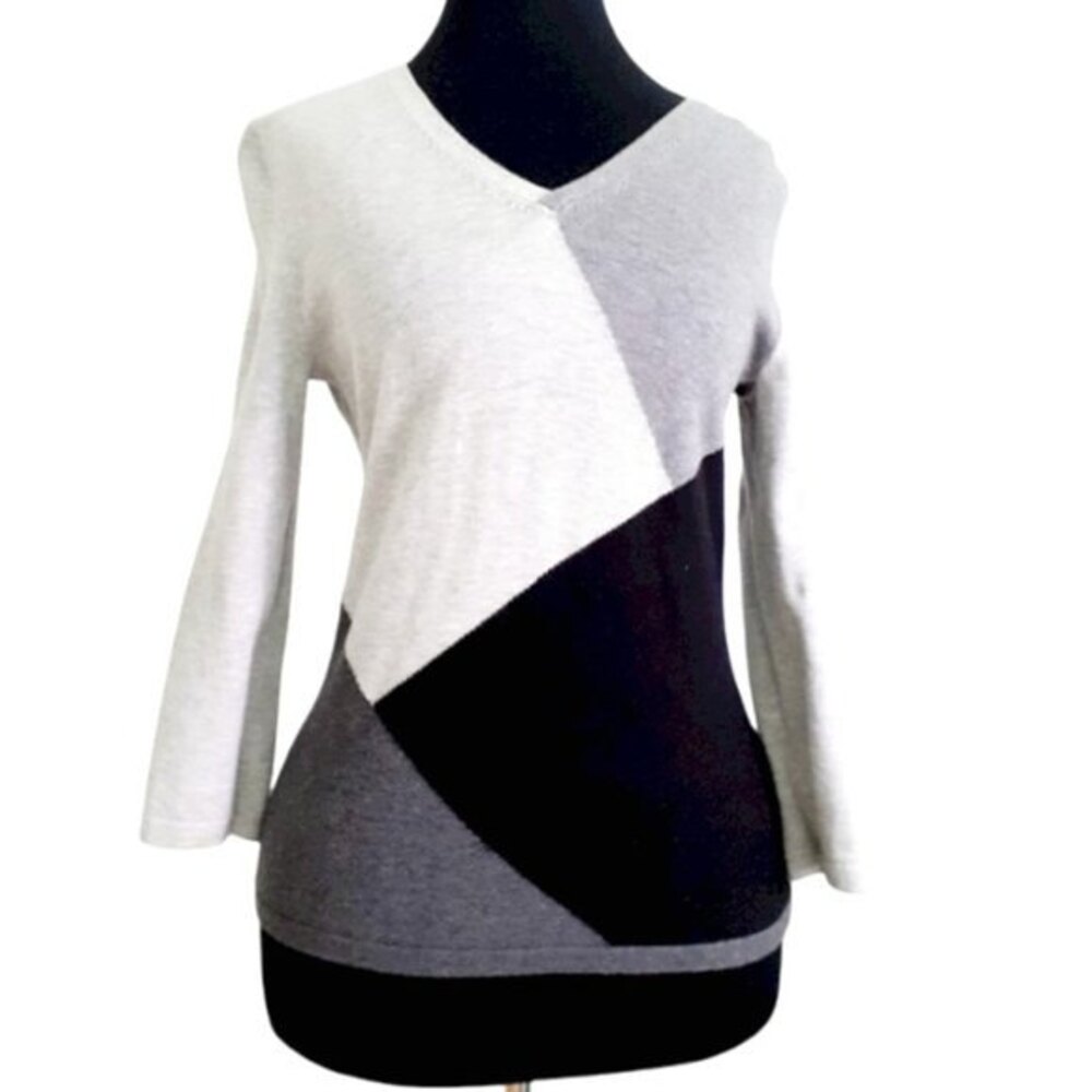 Geoffrey Beene Sport Black Gray Colorblock V-Neck 100% Cotton Women’s Sweater S
